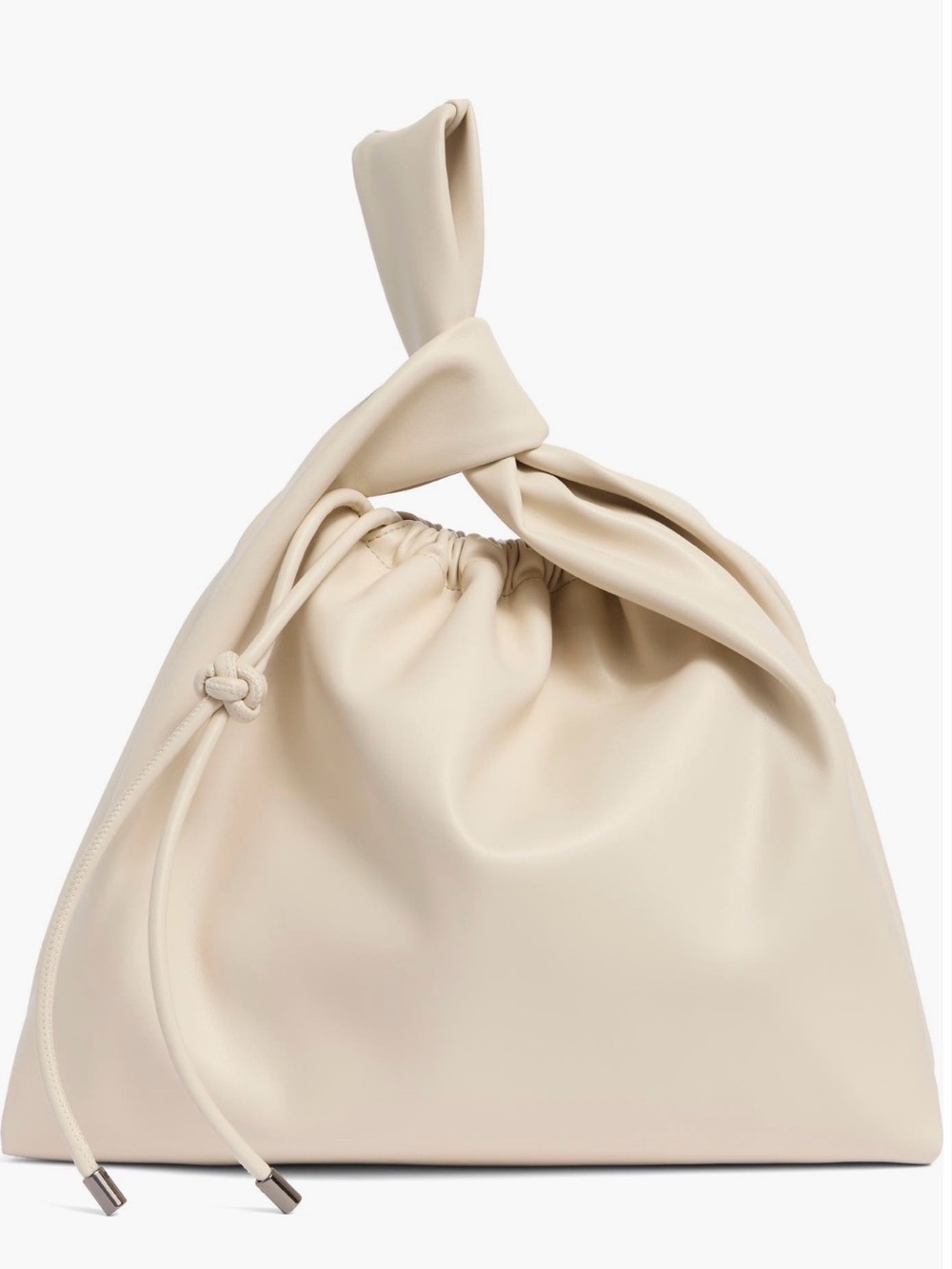 BCBG Cream Faux Leather Drawstring Knotted Handle Hobo Bag